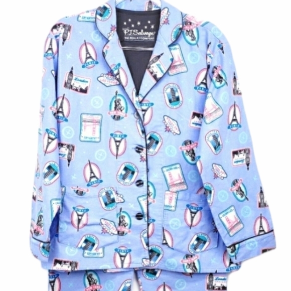 P.j. Salvage Blue Flannel Pajama Set Paris design Size Small - Picture 10 of 10